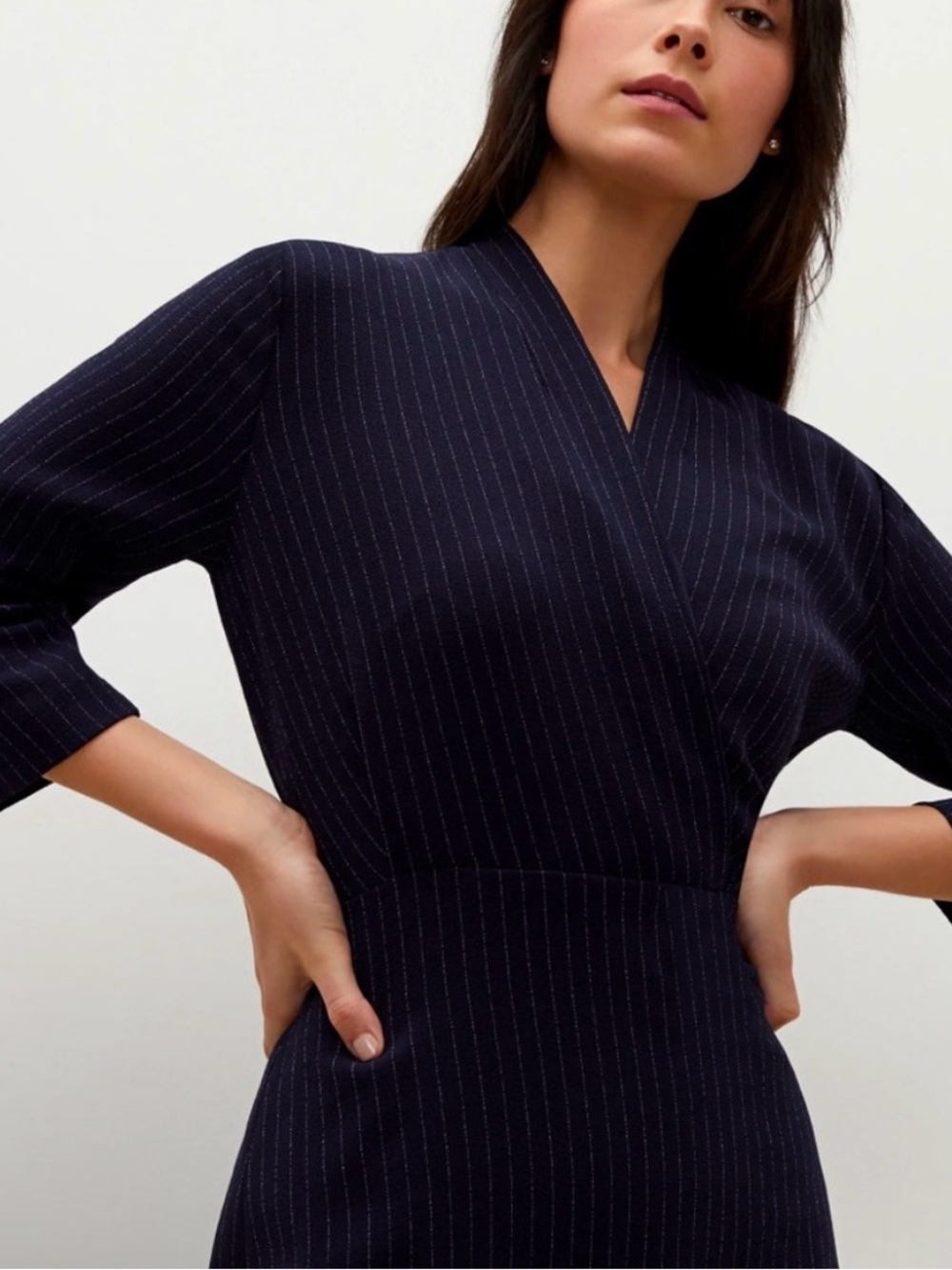 MM lafleur Navy Pinstripe Wrap-Style Dress **excellent condition***